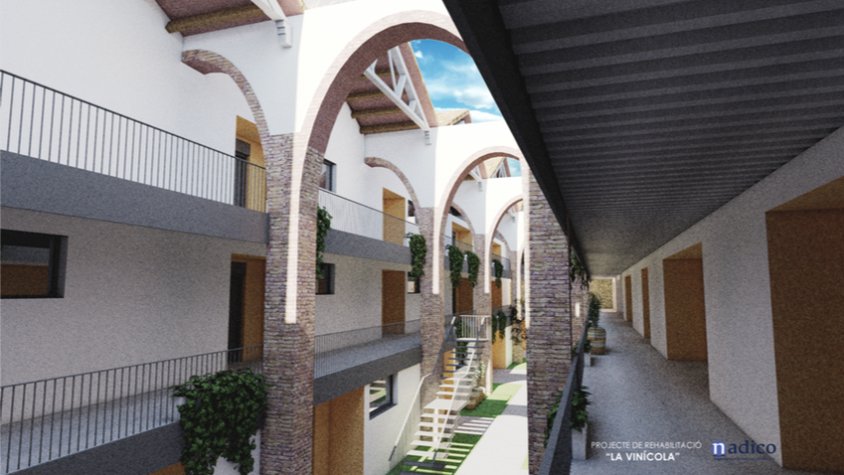 Imatge virtual del projecte, que dibuixa un carrer central descobert que travessaria les naus de l'actual edifici, deixant tres plantes de pisos a banda i banda