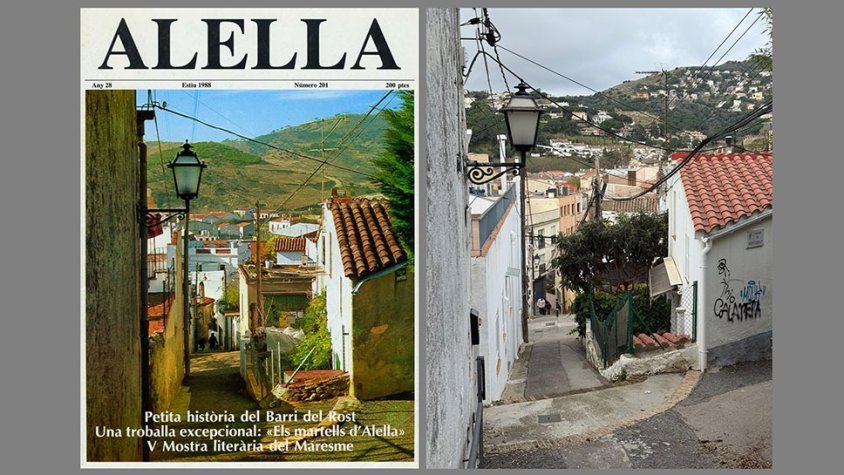 Portada d'una revista Alella dels anys 80 i la mateixa imatge d'aquella coberta, avui. La comparació de les dues fotos permet veure el creixement urbanístic que el municipi ha patit en les darreres dècades.